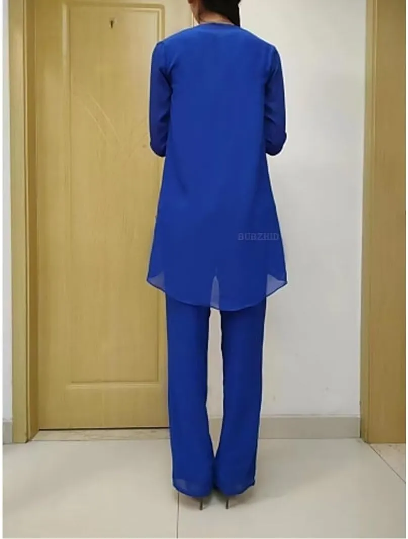 3 Pieces Mother of The Bride Pant Suits for Wedding Long Sleeves Chiffon Outfit Formal Evening Gowns with Jacket