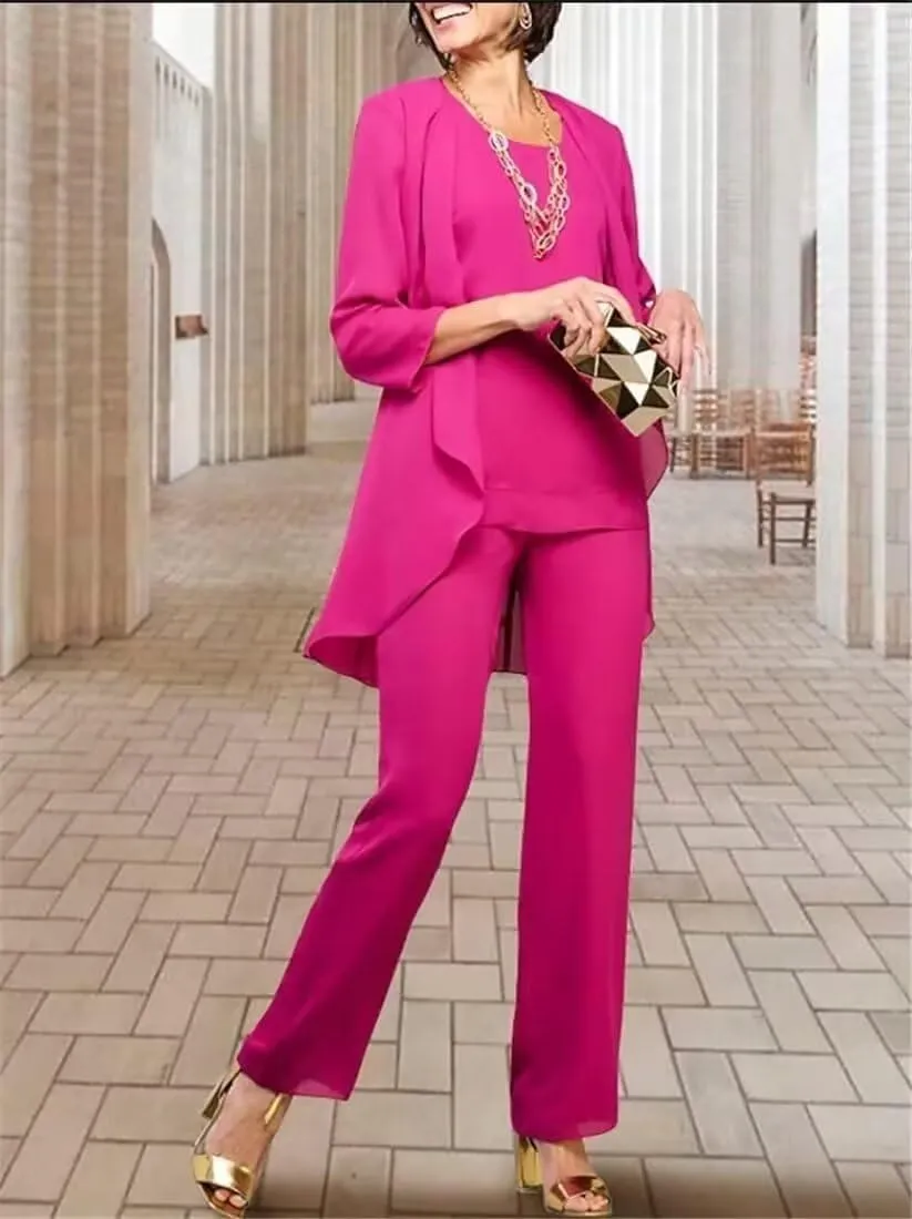 3 Pieces Mother of The Bride Pant Suits for Wedding Long Sleeves Chiffon Outfit Formal Evening Gowns with Jacket