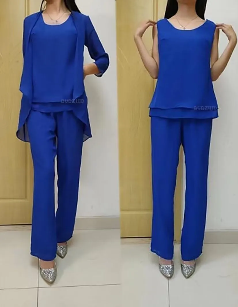3 Pieces Mother of The Bride Pant Suits for Wedding Long Sleeves Chiffon Outfit Formal Evening Gowns with Jacket