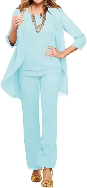 3 Pieces Mother of The Bride Pant Suits for Wedding Long Sleeves Chiffon Outfit Formal Evening Gowns with Jacket