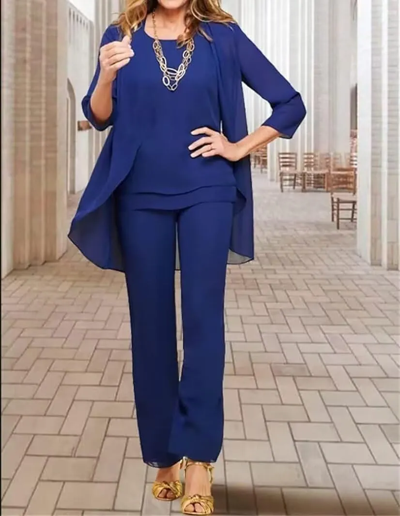3 Pieces Mother of The Bride Pant Suits for Wedding Long Sleeves Chiffon Outfit Formal Evening Gowns with Jacket