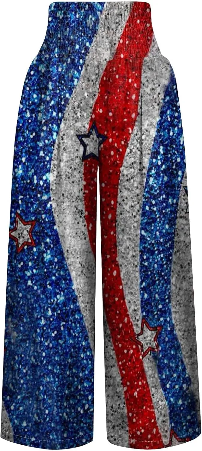 4th of July Wide Leg Pants for Women Patriotic Elastic Waist Independence Day Red White and Blue Pants with Pockets