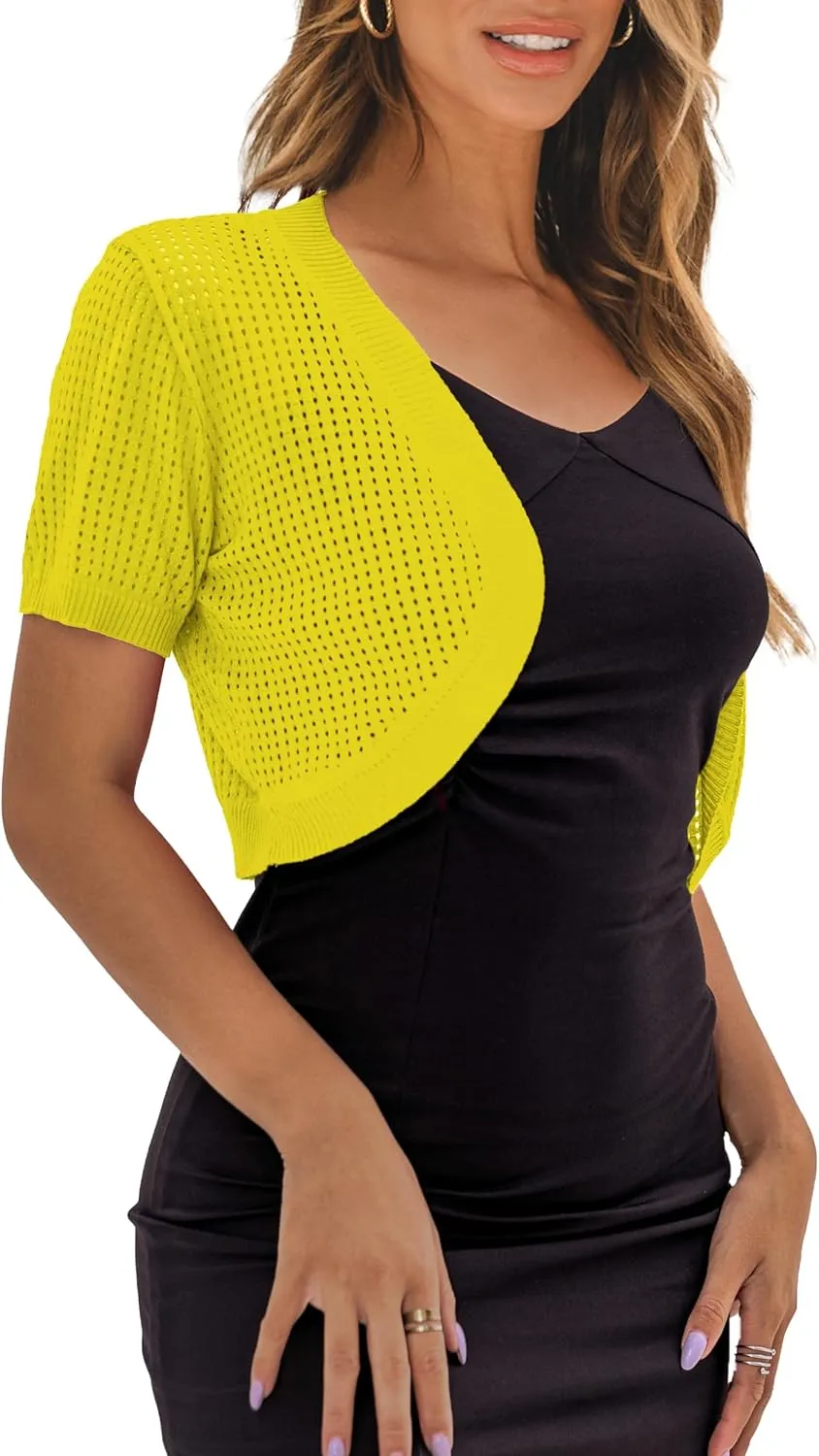 AAMILIFE Women's Short Sleeve Ligtweight Shrug Open Front Cardigan Hollow Out Sweater