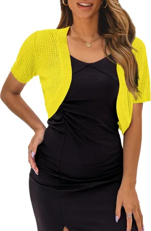 AAMILIFE Women's Short Sleeve Ligtweight Shrug Open Front Cardigan Hollow Out Sweater