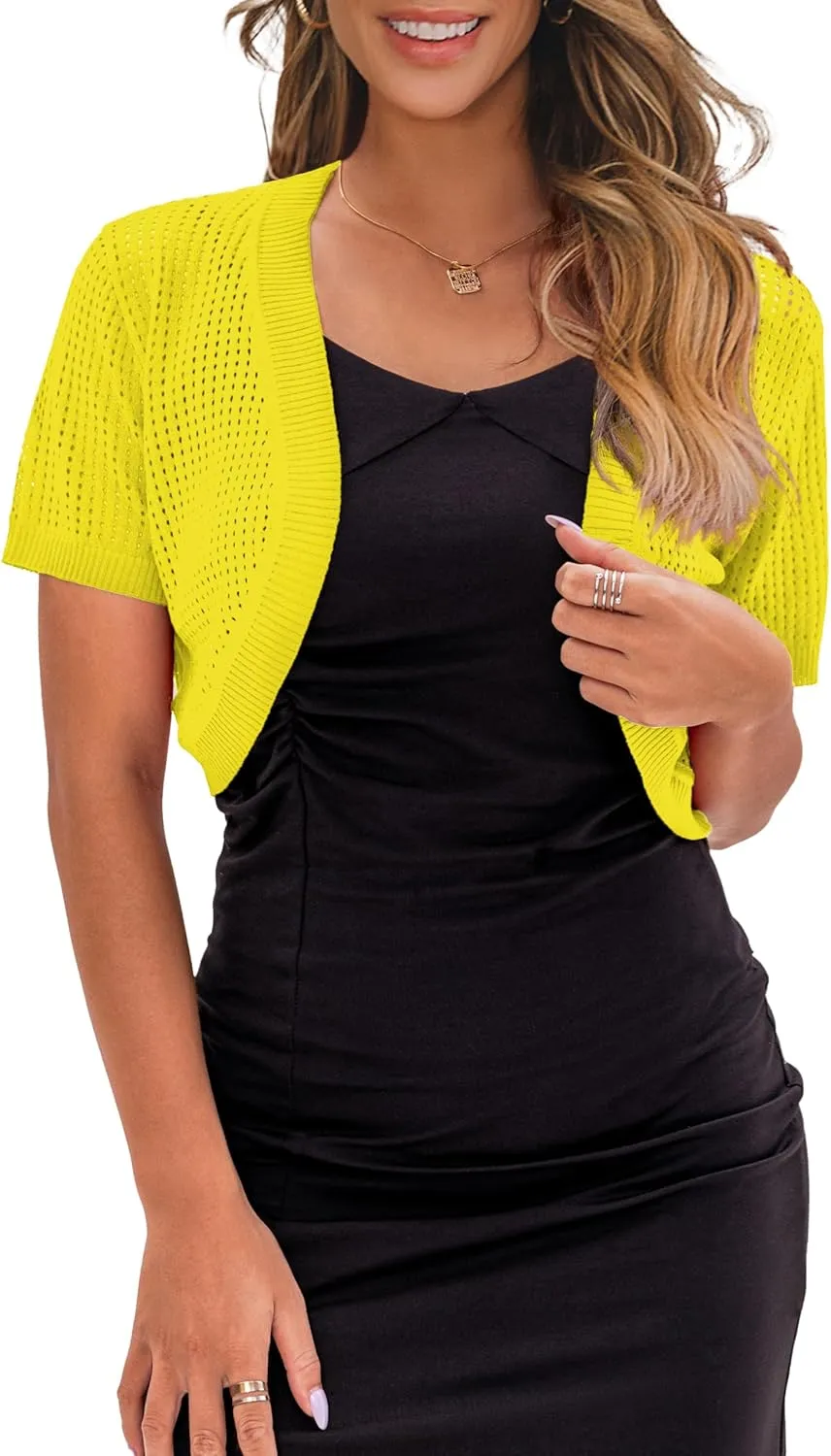 AAMILIFE Women's Short Sleeve Ligtweight Shrug Open Front Cardigan Hollow Out Sweater