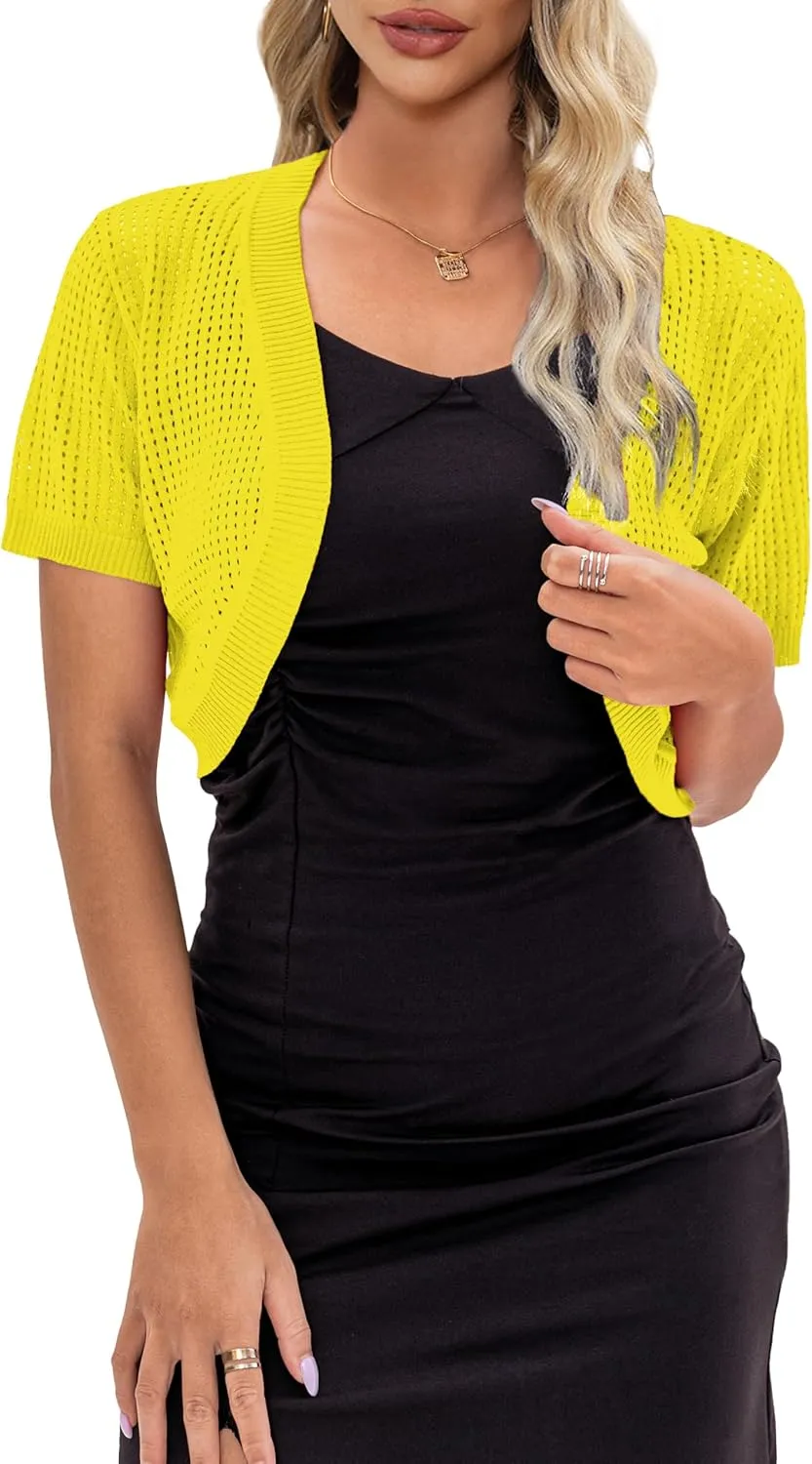 AAMILIFE Women's Short Sleeve Ligtweight Shrug Open Front Cardigan Hollow Out Sweater