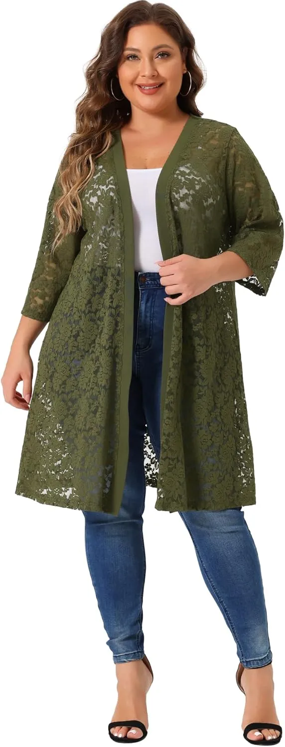 Agnes Orinda Plus Size Cardigans for Women Lace Cardigan Lightweight Crochet 3/4 Sleeve Cover Up Jacket