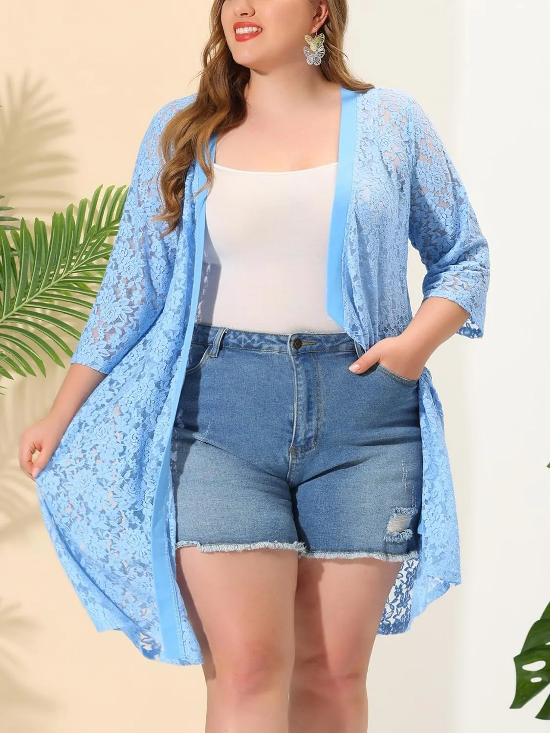 Agnes Orinda Plus Size Cardigans for Women Lace Cardigan Lightweight Crochet 3/4 Sleeve Cover Up Jacket