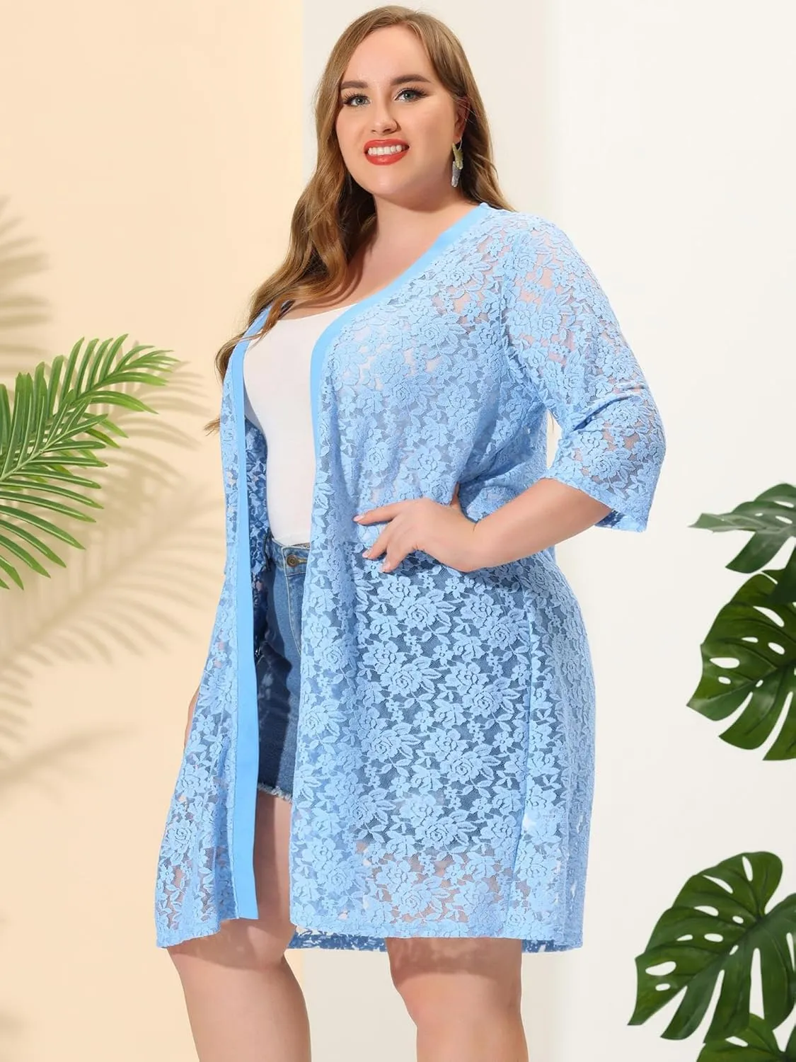 Agnes Orinda Plus Size Cardigans for Women Lace Cardigan Lightweight Crochet 3/4 Sleeve Cover Up Jacket