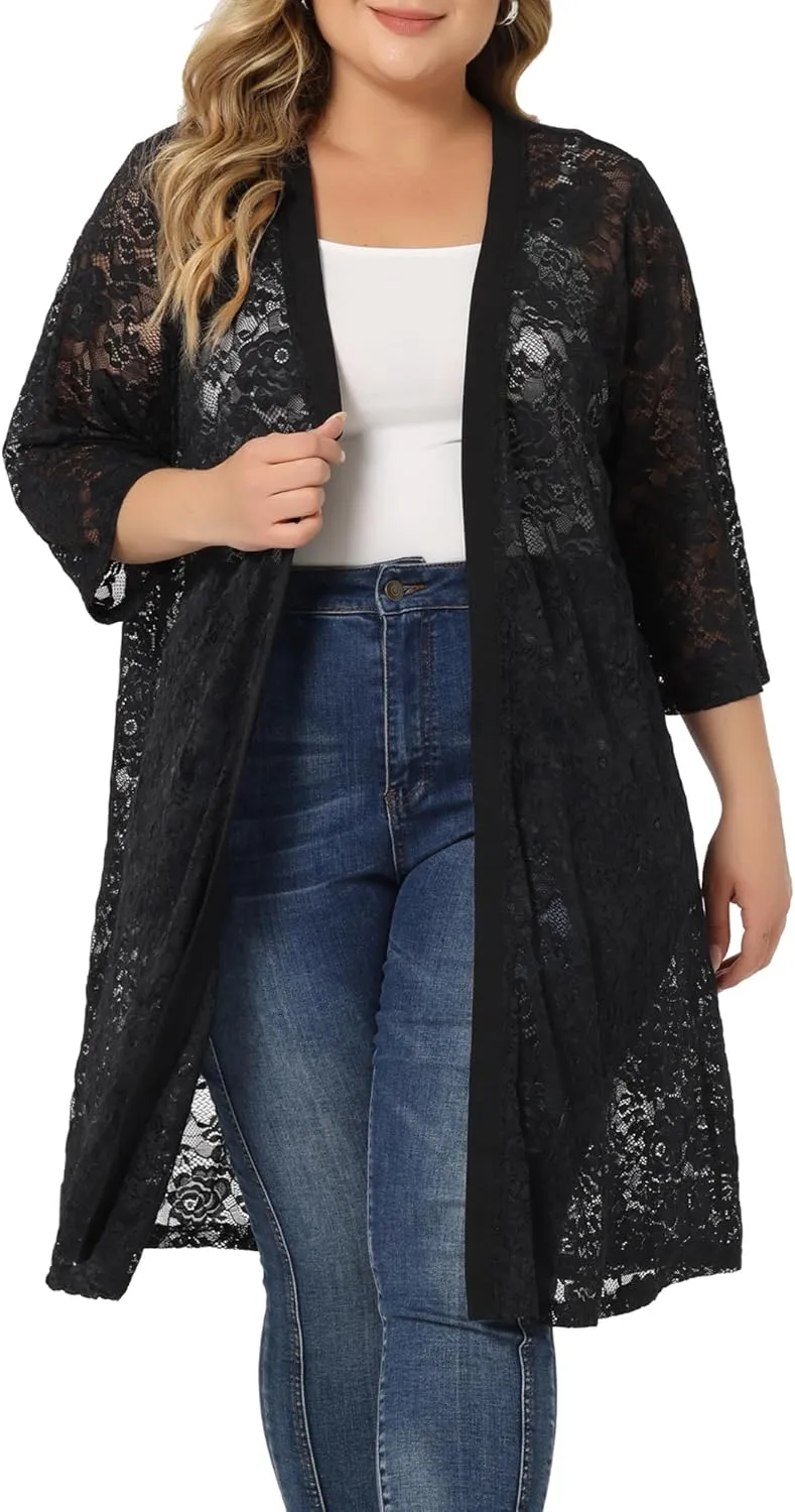 Agnes Orinda Plus Size Cardigans for Women Lace Cardigan Lightweight Crochet 3/4 Sleeve Cover Up Jacket