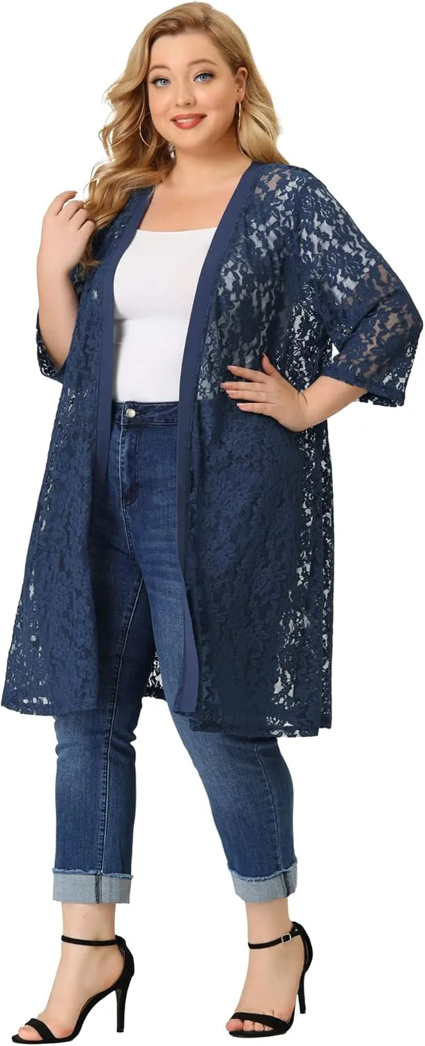 Agnes Orinda Plus Size Cardigans for Women Lace Cardigan Lightweight Crochet 3/4 Sleeve Cover Up Jacket