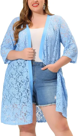 Agnes Orinda Plus Size Cardigans for Women Lace Cardigan Lightweight Crochet 3/4 Sleeve Cover Up Jacket
