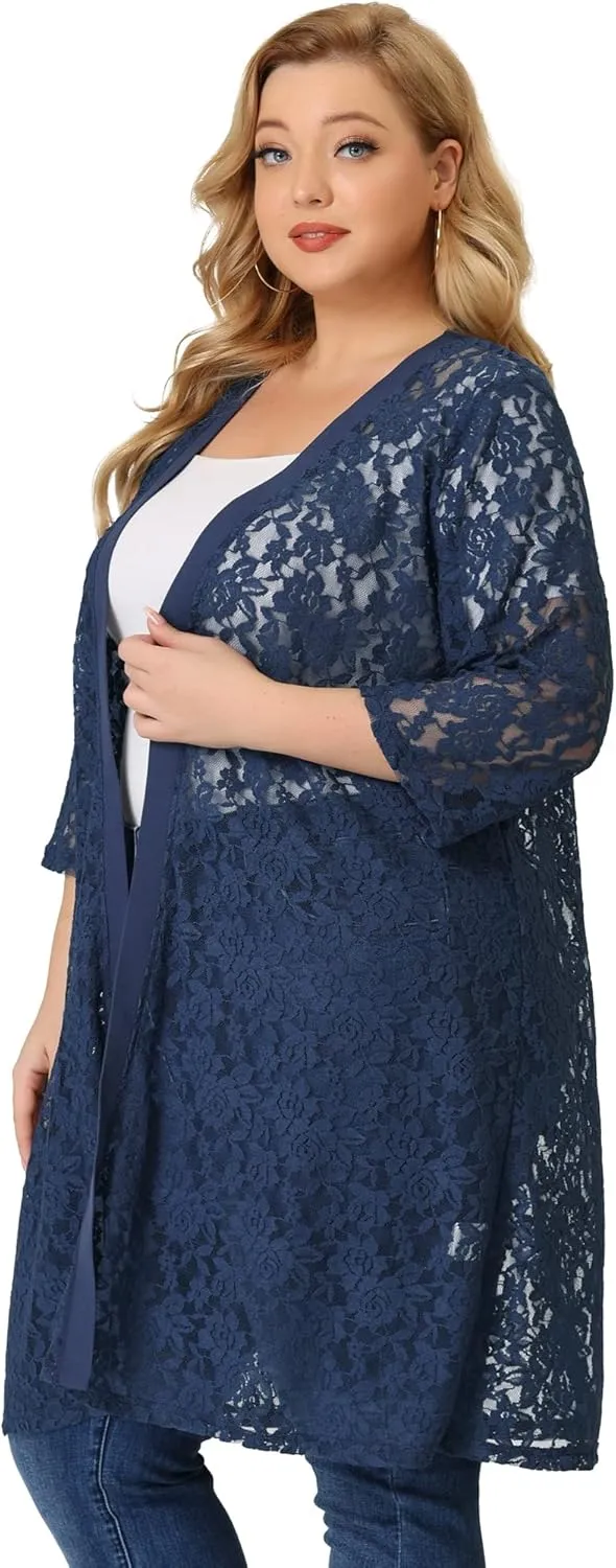 Agnes Orinda Plus Size Cardigans for Women Lace Cardigan Lightweight Crochet 3/4 Sleeve Cover Up Jacket
