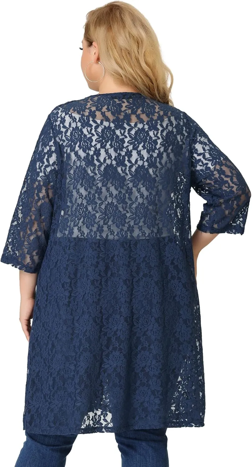 Agnes Orinda Plus Size Cardigans for Women Lace Cardigan Lightweight Crochet 3/4 Sleeve Cover Up Jacket