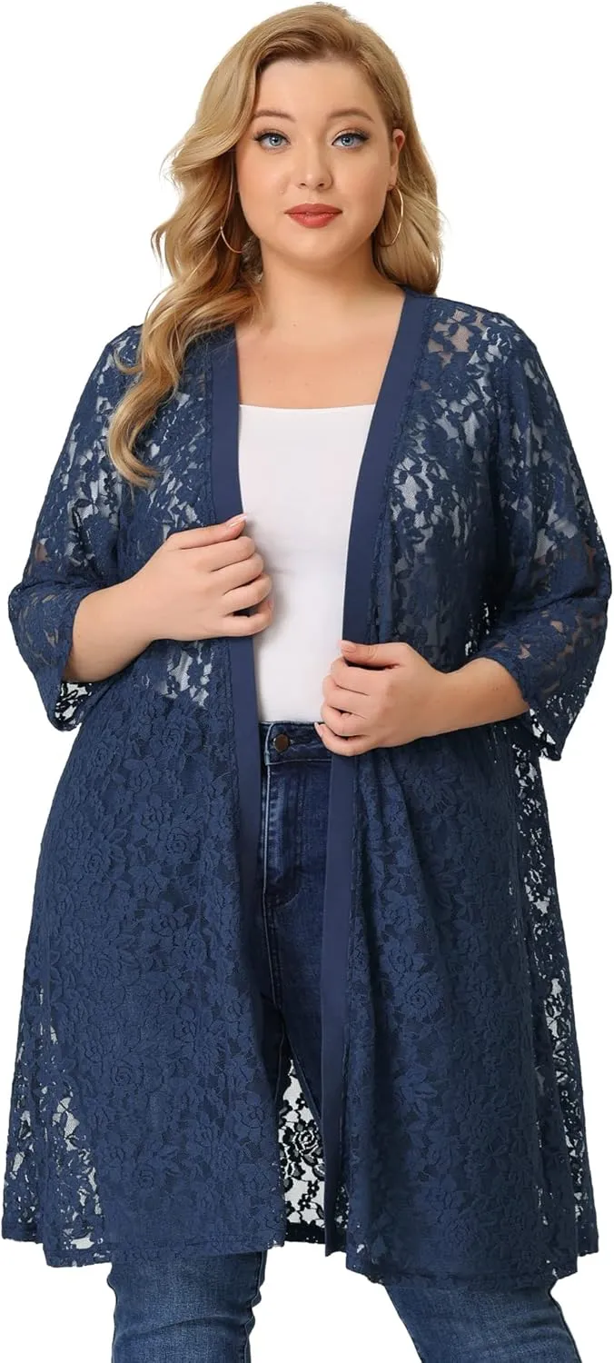 Agnes Orinda Plus Size Cardigans for Women Lace Cardigan Lightweight Crochet 3/4 Sleeve Cover Up Jacket