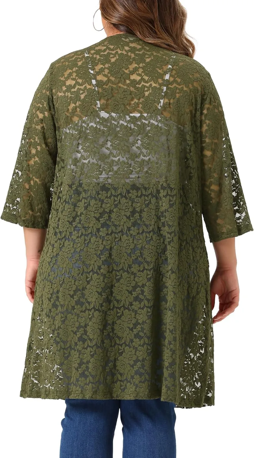 Agnes Orinda Plus Size Cardigans for Women Lace Cardigan Lightweight Crochet 3/4 Sleeve Cover Up Jacket