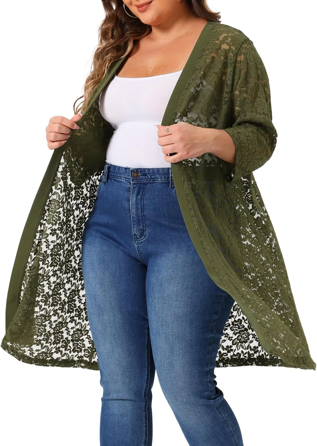 Agnes Orinda Plus Size Cardigans for Women Lace Cardigan Lightweight Crochet 3/4 Sleeve Cover Up Jacket