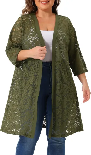 Agnes Orinda Plus Size Cardigans for Women Lace Cardigan Lightweight Crochet 3/4 Sleeve Cover Up Jacket