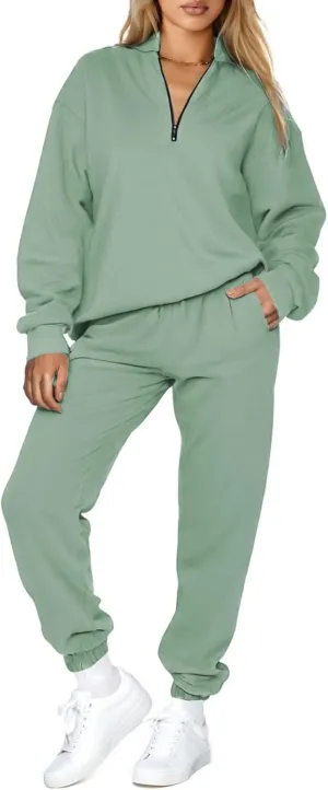 Aleumdr Women 2 Piece Outfits Sweatsuit Oversized Half Zip Pullover Long Sleeve Sweatshirt Jogger Pants Set with Pockets
