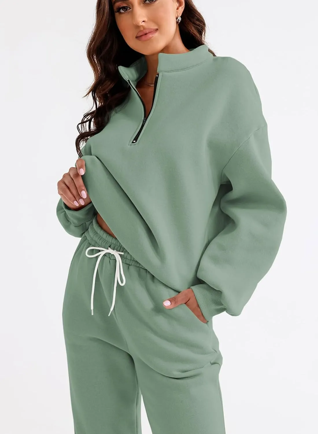 Aleumdr Women 2 Piece Outfits Sweatsuit Oversized Half Zip Pullover Long Sleeve Sweatshirt Jogger Pants Set with Pockets