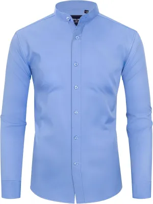 Alimens & Gentle Men's Banded Collar Dress Shirts Wrinkle Free Long Sleeve Mandarin Collar Button Down Shirt