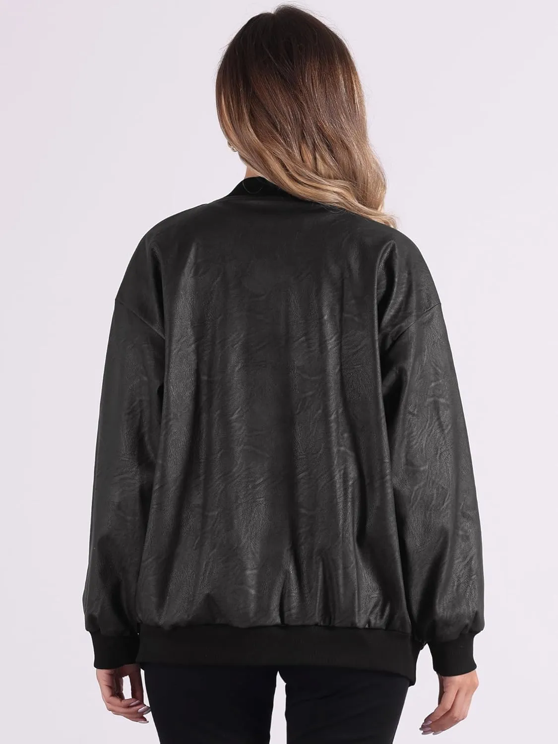 Allegra K Faux Leather Jacket for Women's Fall Stand Collar Zip Up Oversized Moto Bomber Jackets