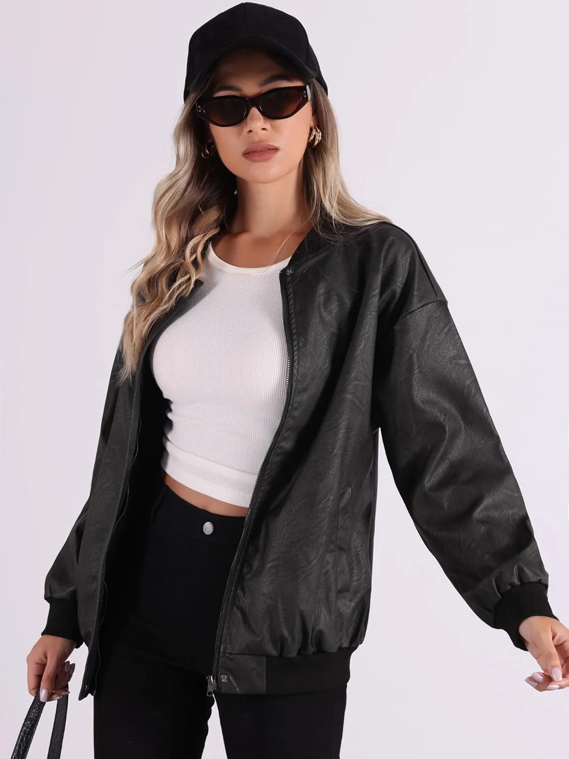 Allegra K Faux Leather Jacket for Women's Fall Stand Collar Zip Up Oversized Moto Bomber Jackets