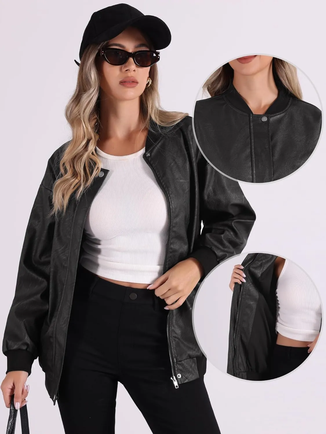 Allegra K Faux Leather Jacket for Women's Fall Stand Collar Zip Up Oversized Moto Bomber Jackets
