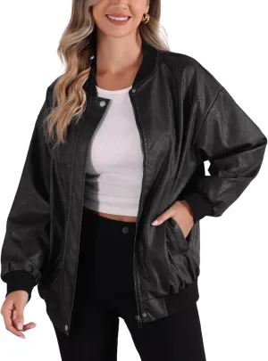 Allegra K Faux Leather Jacket for Women's Fall Stand Collar Zip Up Oversized Moto Bomber Jackets