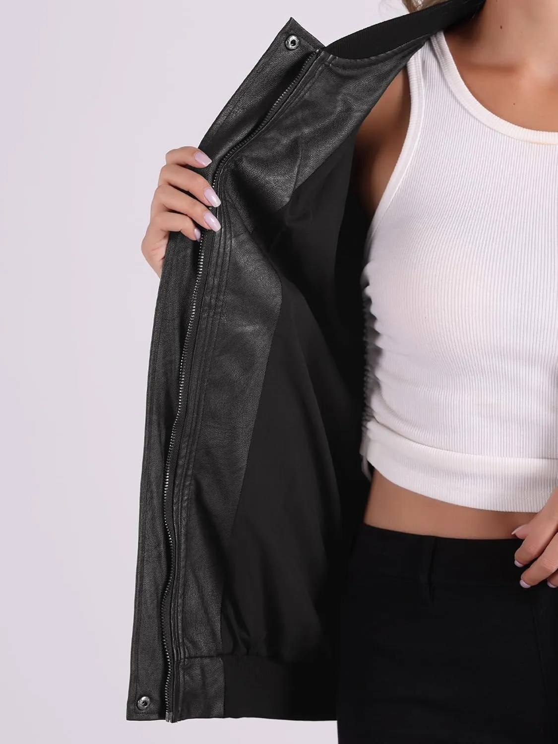 Allegra K Faux Leather Jacket for Women's Fall Stand Collar Zip Up Oversized Moto Bomber Jackets