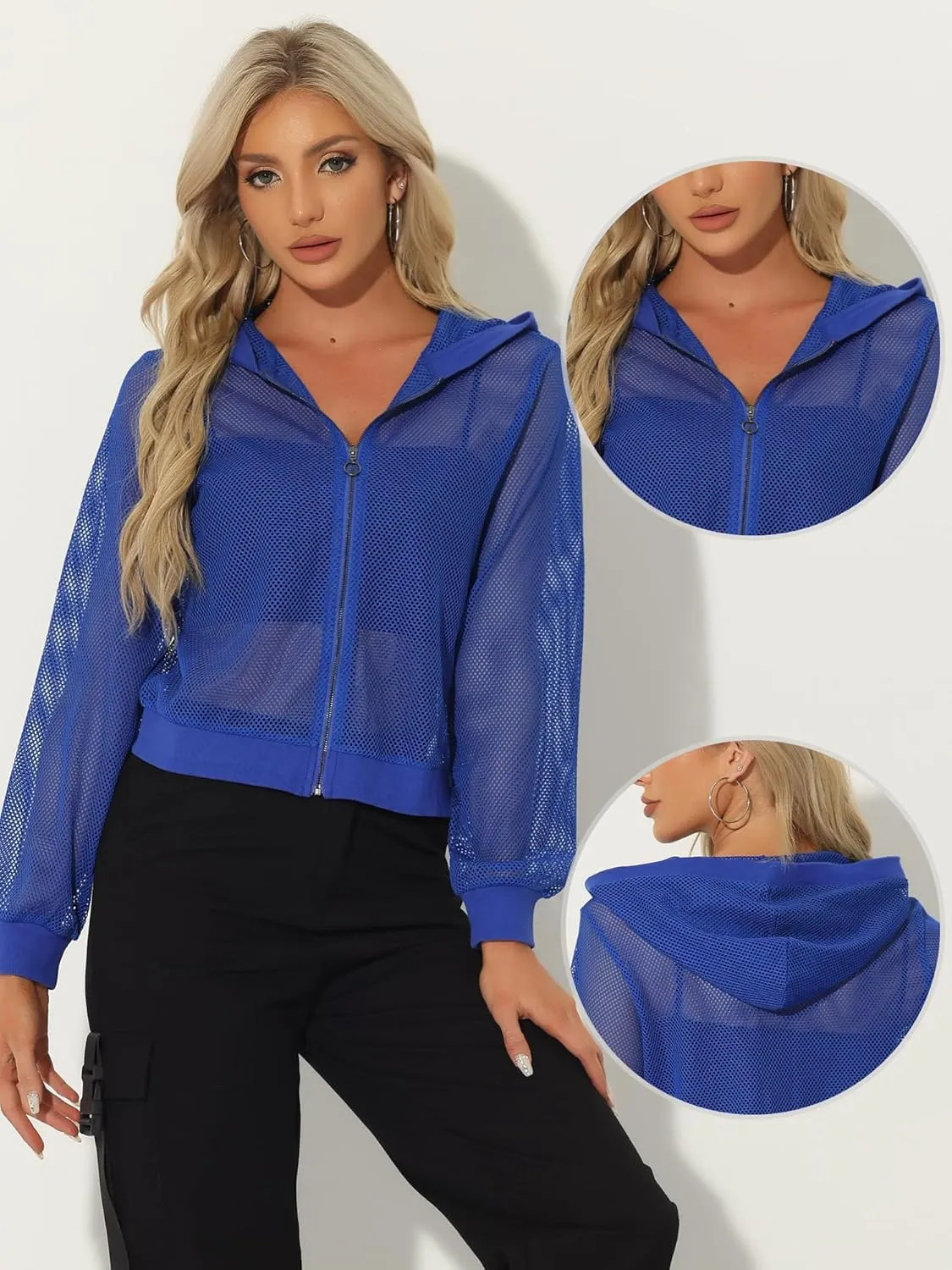 Allegra K Hoodie Jacket for Women's 2024 Zip Up Long Sleeve Mesh Sheer Bomber Jackets