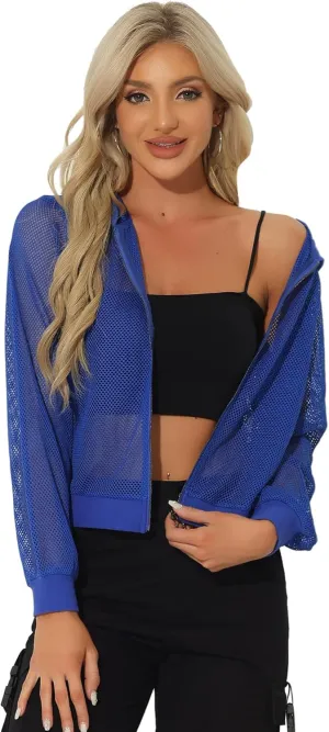 Allegra K Hoodie Jacket for Women's 2024 Zip Up Long Sleeve Mesh Sheer Bomber Jackets