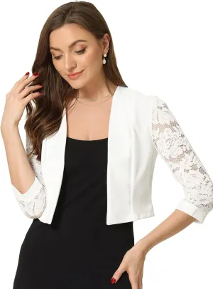 Allegra K Lace Shrug Tops for Women's 3/4 Sleeve Open Front Work Office Cropped Sheer Cardigan Formal Bolero
