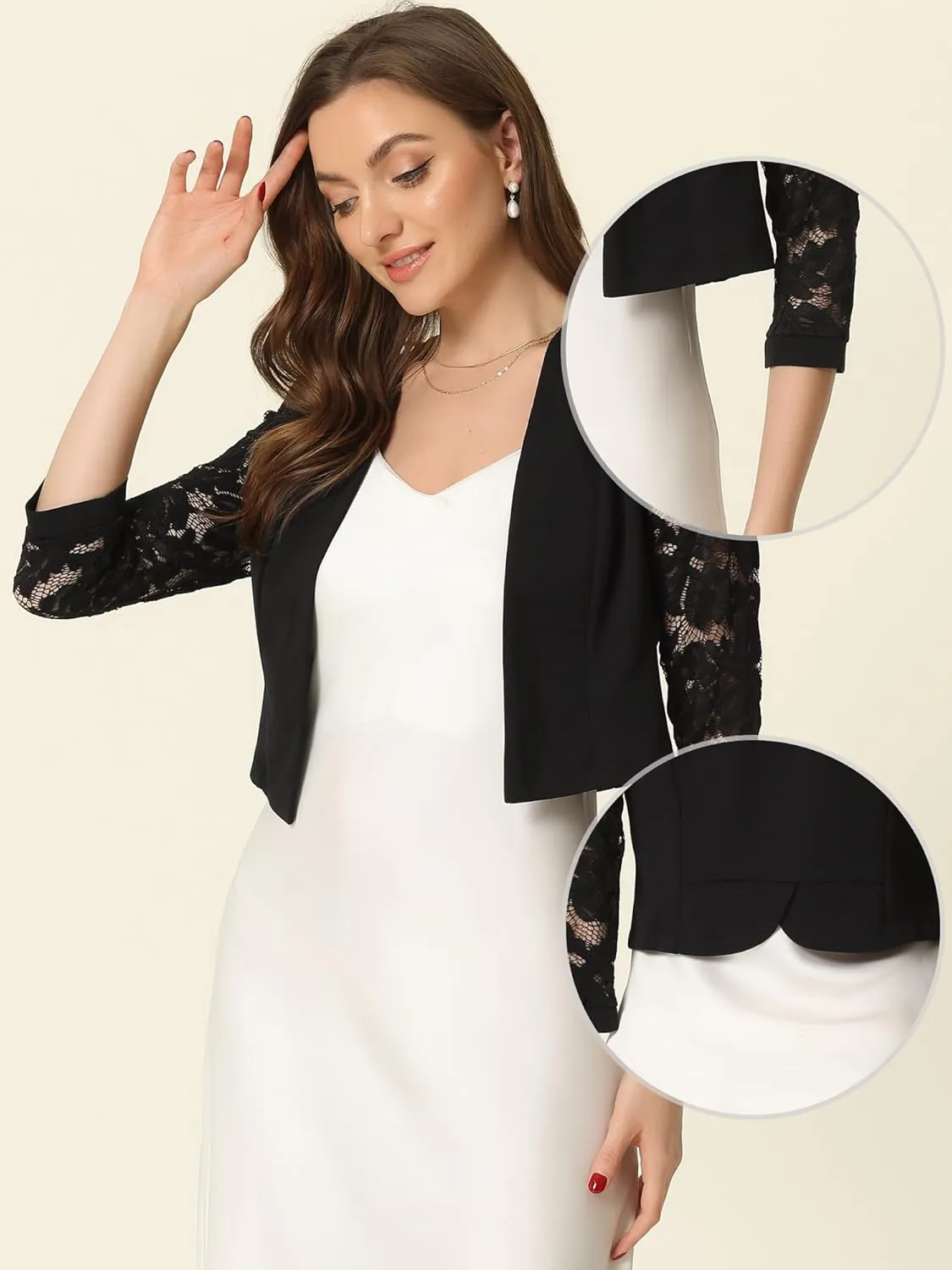Allegra K Lace Shrug Tops for Women's 3/4 Sleeve Open Front Work Office Cropped Sheer Cardigan Formal Bolero