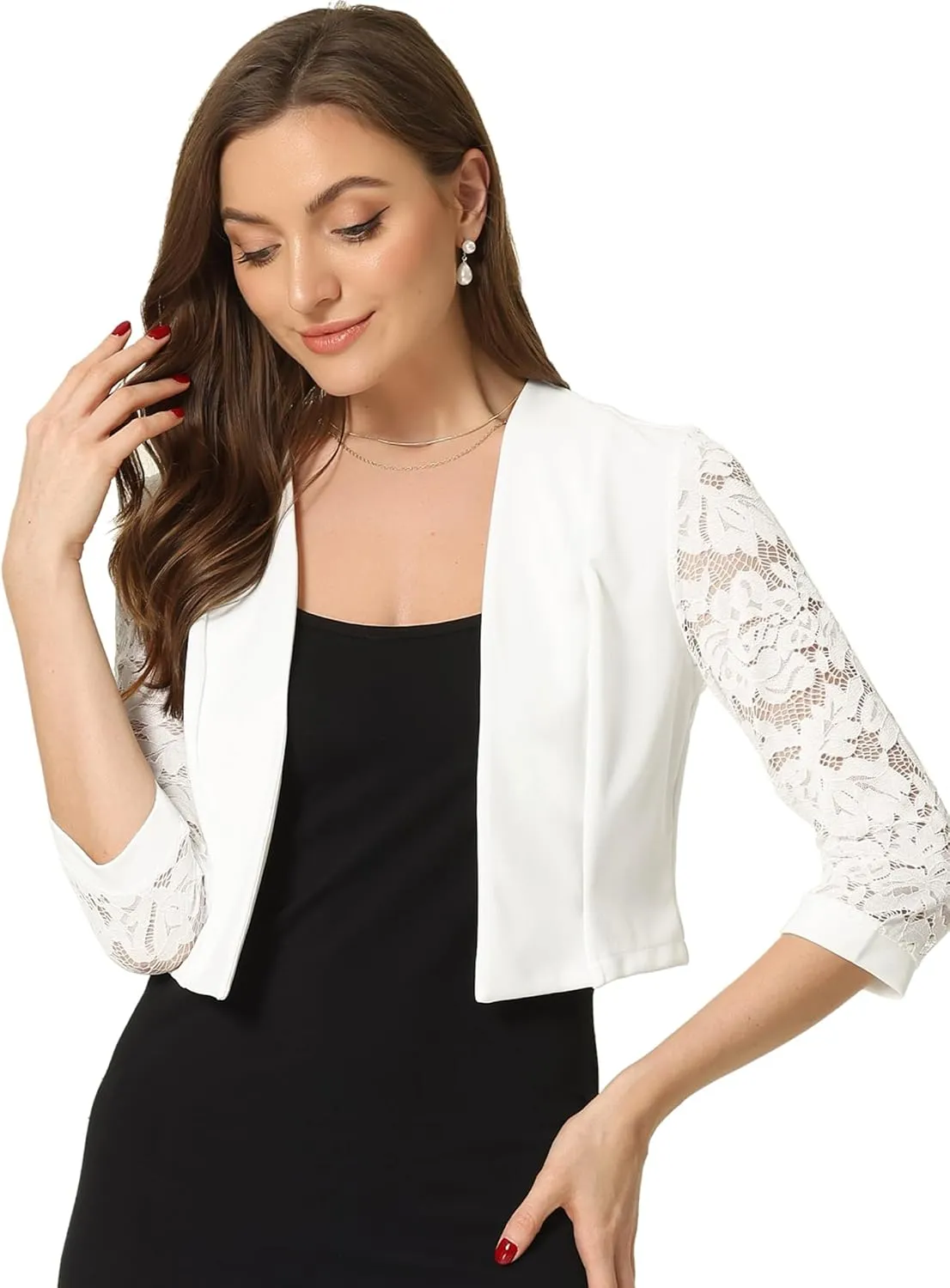 Allegra K Lace Shrug Tops for Women's 3/4 Sleeve Open Front Work Office Cropped Sheer Cardigan Formal Bolero