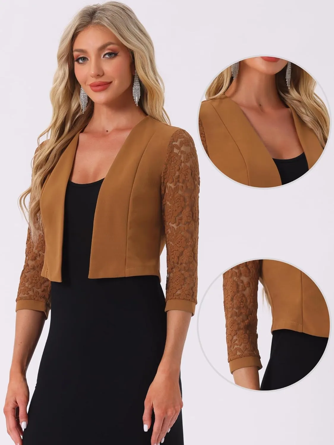 Allegra K Lace Shrug Tops for Women's 3/4 Sleeve Open Front Work Office Cropped Sheer Cardigan Formal Bolero