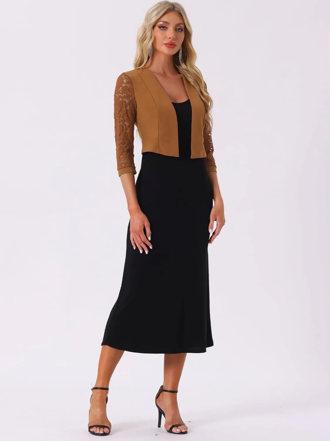 Allegra K Lace Shrug Tops for Women's 3/4 Sleeve Open Front Work Office Cropped Sheer Cardigan Formal Bolero