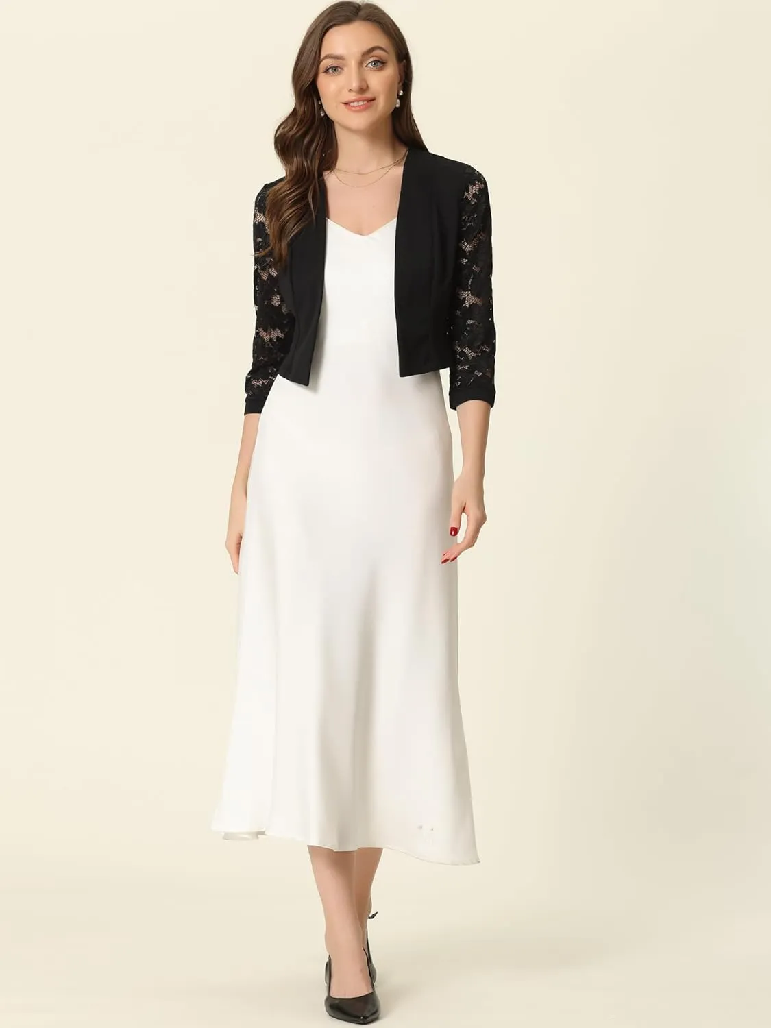 Allegra K Lace Shrug Tops for Women's 3/4 Sleeve Open Front Work Office Cropped Sheer Cardigan Formal Bolero