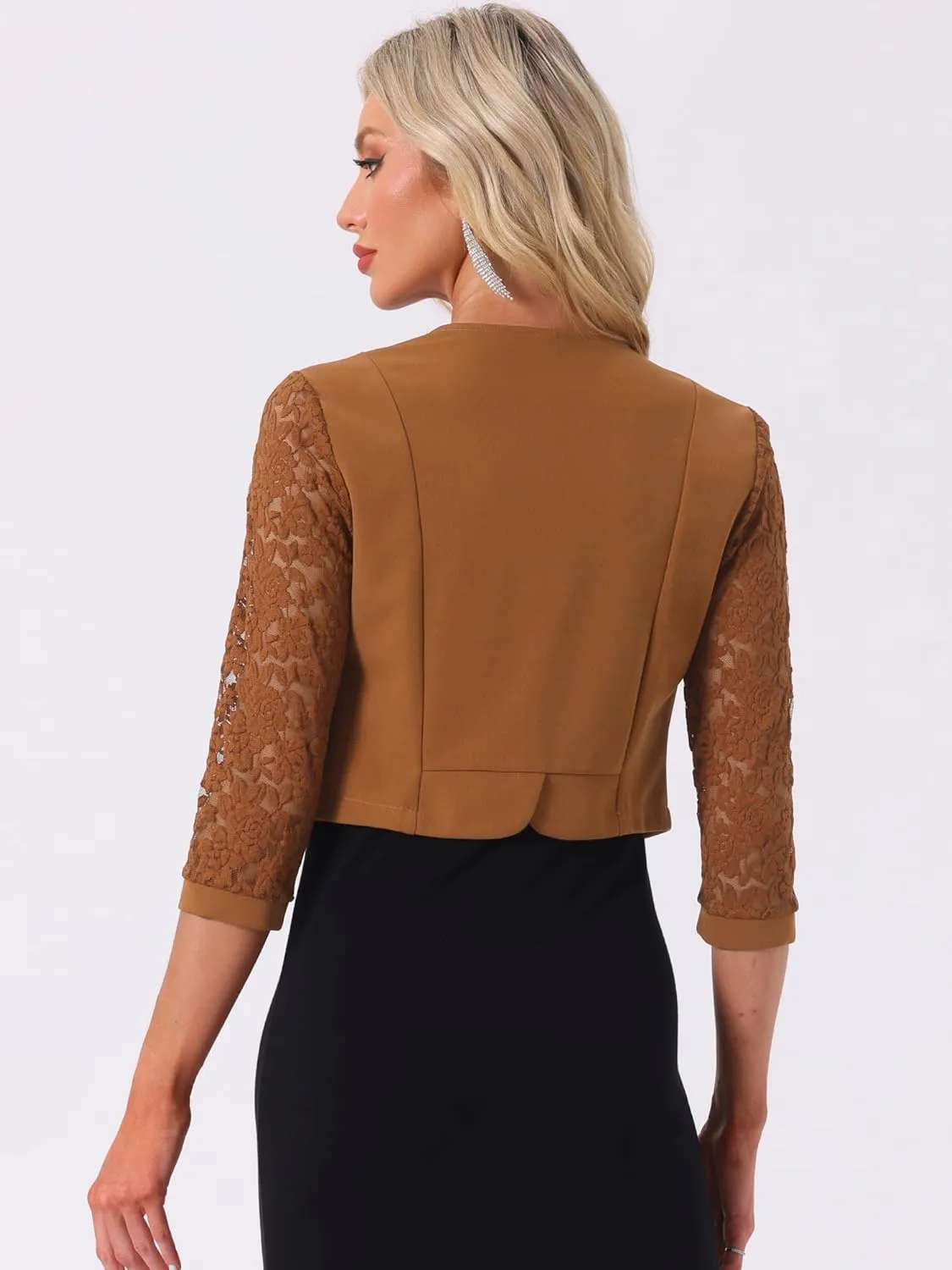 Allegra K Lace Shrug Tops for Women's 3/4 Sleeve Open Front Work Office Cropped Sheer Cardigan Formal Bolero
