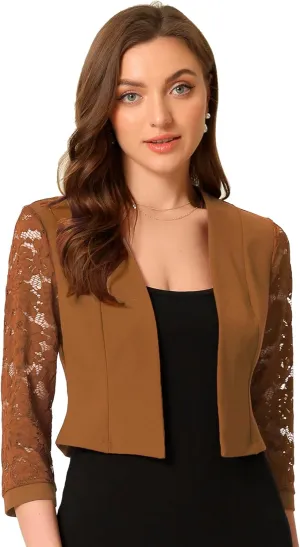 Allegra K Lace Shrug Tops for Women's 3/4 Sleeve Open Front Work Office Cropped Sheer Cardigan Formal Bolero