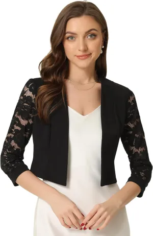Allegra K Lace Shrug Tops for Women's 3/4 Sleeve Open Front Work Office Cropped Sheer Cardigan Formal Bolero