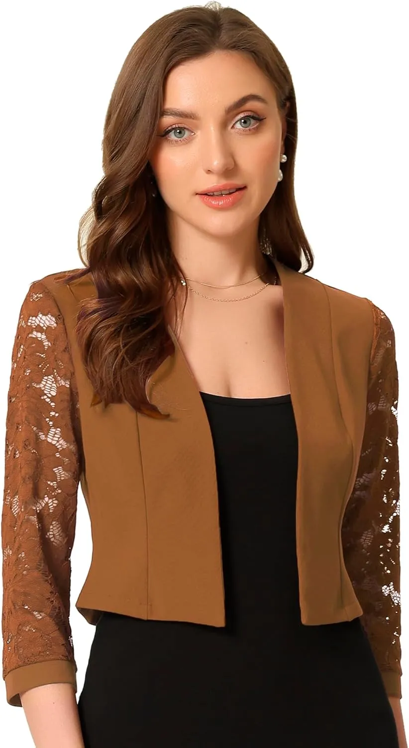 Allegra K Lace Shrug Tops for Women's 3/4 Sleeve Open Front Work Office Cropped Sheer Cardigan Formal Bolero