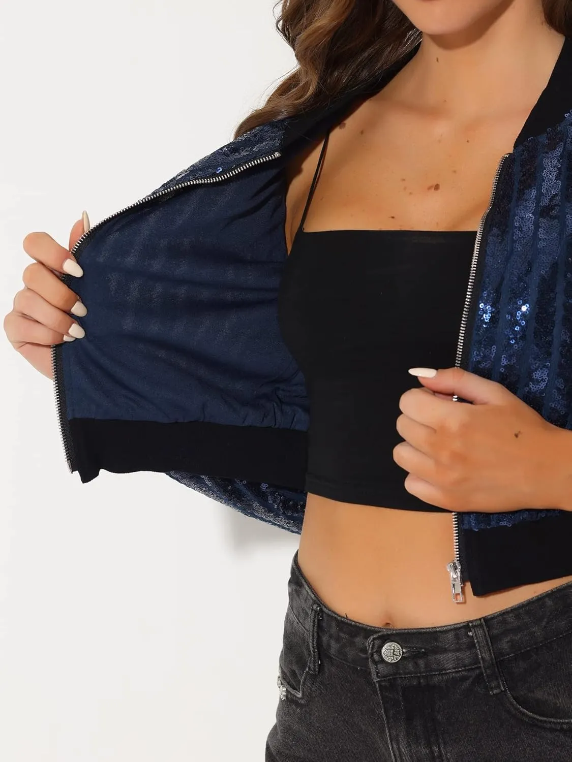 Allegra K Women's Sequin Jacket Long Sleeve Zipper Shiny Glitter Tops Sparkly Shirts Casual Bomber Jackets