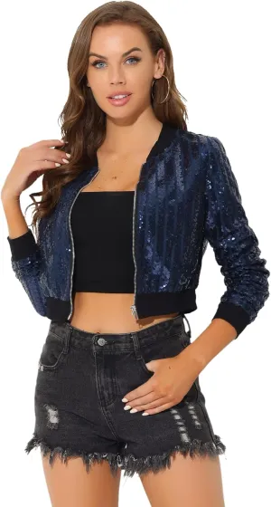 Allegra K Women's Sequin Jacket Long Sleeve Zipper Shiny Glitter Tops Sparkly Shirts Casual Bomber Jackets