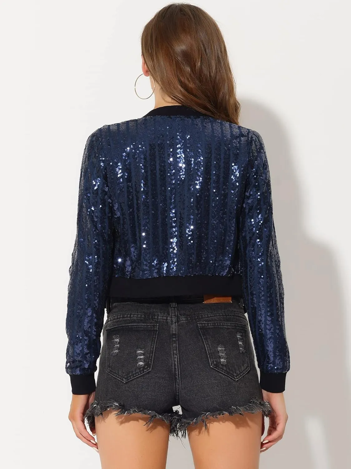 Allegra K Women's Sequin Jacket Long Sleeve Zipper Shiny Glitter Tops Sparkly Shirts Casual Bomber Jackets