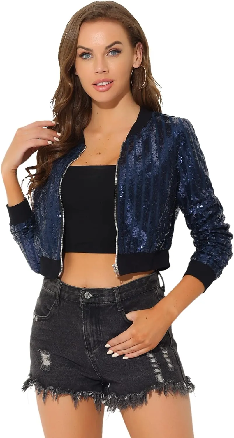 Allegra K Women's Sequin Jacket Long Sleeve Zipper Shiny Glitter Tops Sparkly Shirts Casual Bomber Jackets
