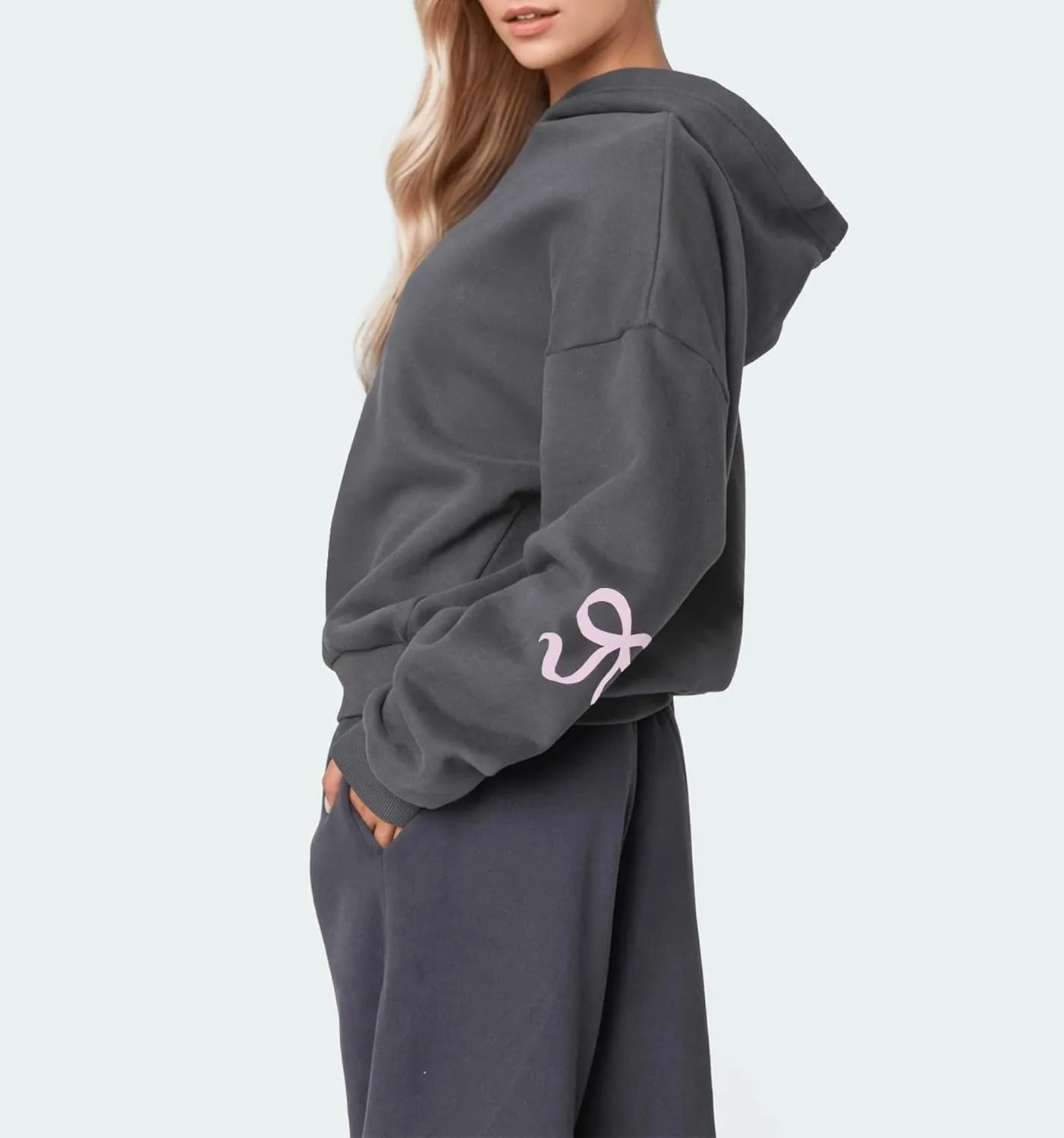 Aopwsrlyi Women's Cute Bow Hoodie Oversized Long Sleeve Fleece Hooded Sweatshirt Trendy Drop Shoulder Pullover Tops