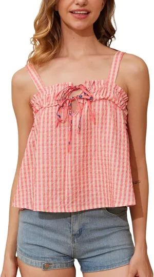 Arssm Gingham Tie Front Tops Women Camisole Crop Tank Tops Loose Square Neck Sleeveless Blouse Cute Summer Going Out Outfits