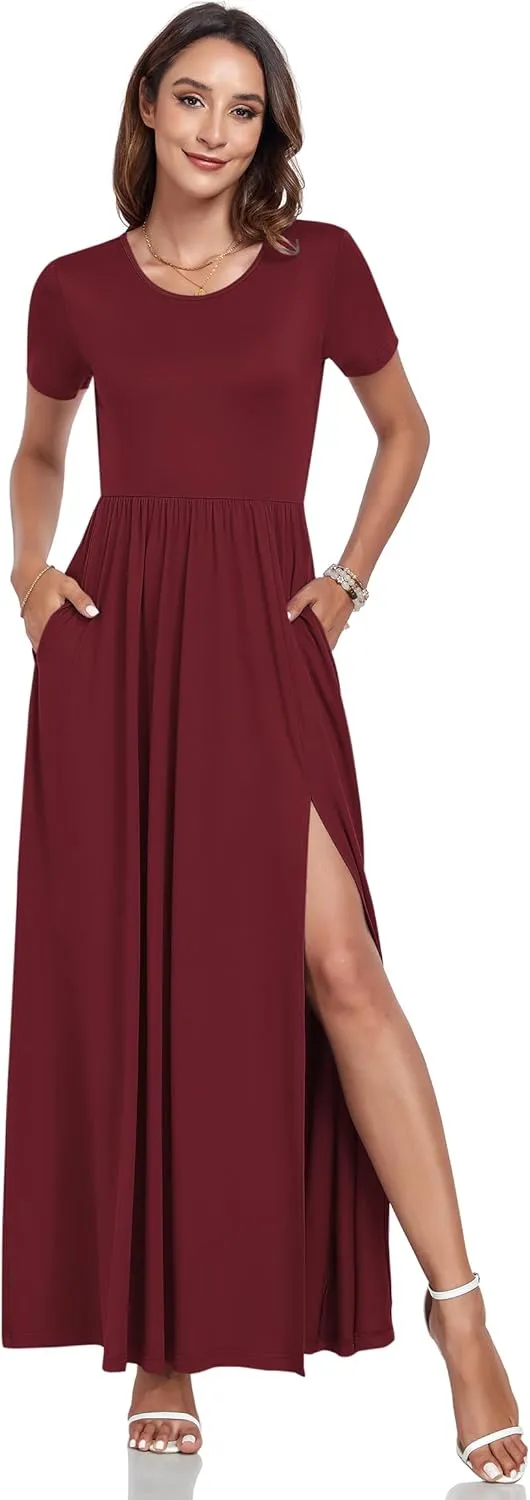 AUSELILY Women Maxi Dress 2025 Summer Short Sleeve Side Split Casual Long Dresses with Pockets