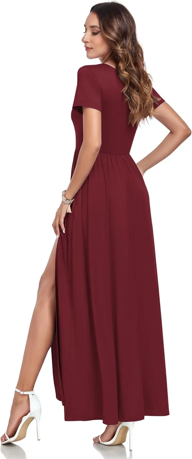 AUSELILY Women Maxi Dress 2025 Summer Short Sleeve Side Split Casual Long Dresses with Pockets